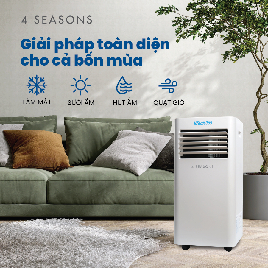 Điều Hoà Di Động 2 chiều 4 Seasons VTECH365 9000BTU Làm Lạnh nhanh, Sưởi ấm, Hút ẩm, Điều khiển wifi Smart Life