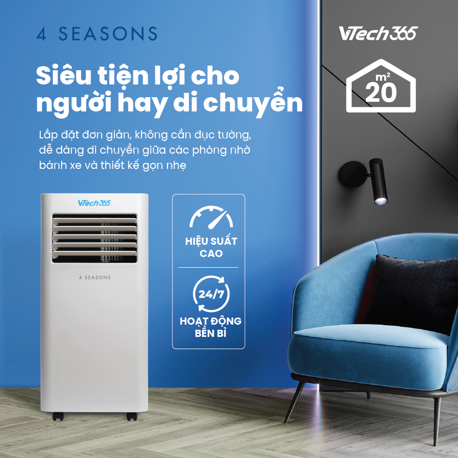 Điều Hoà Di Động 2 chiều 4 Seasons VTECH365 9000BTU Làm Lạnh nhanh, Sưởi ấm, Hút ẩm, Điều khiển wifi Smart Life