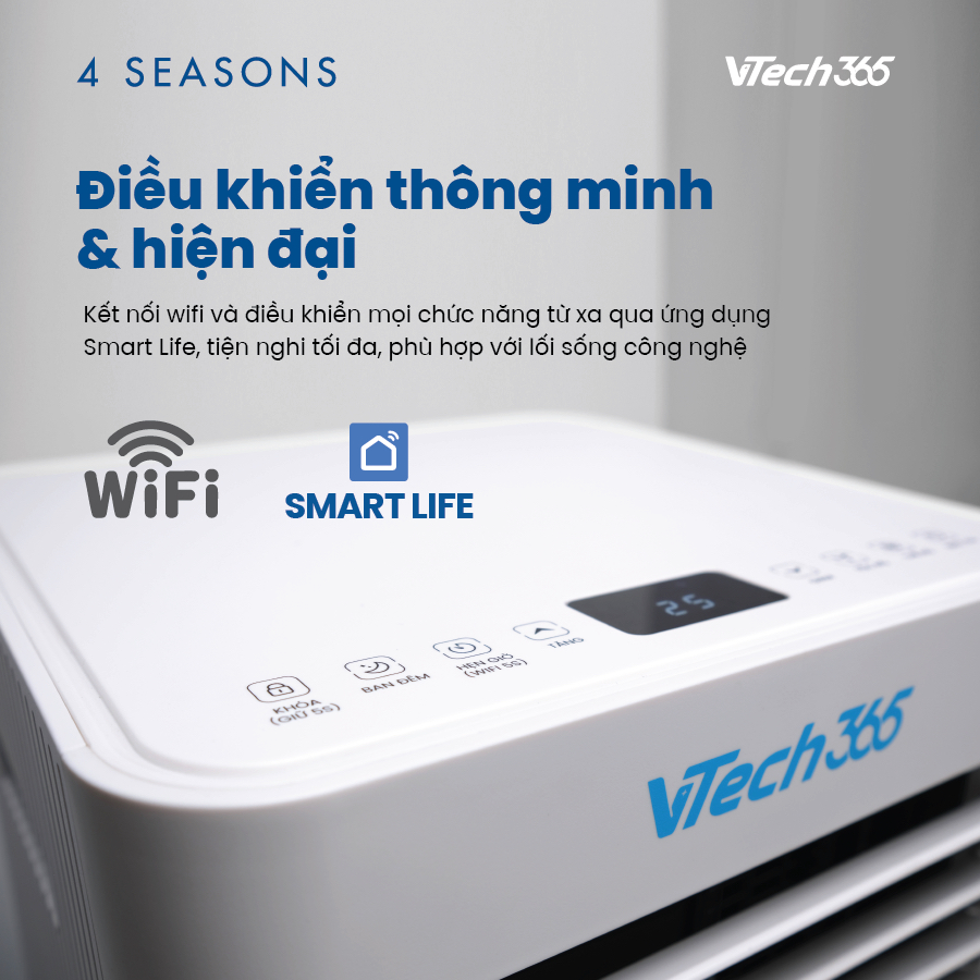 Điều Hoà Di Động 2 chiều 4 Seasons VTECH365 9000BTU Làm Lạnh nhanh, Sưởi ấm, Hút ẩm, Điều khiển wifi Smart Life