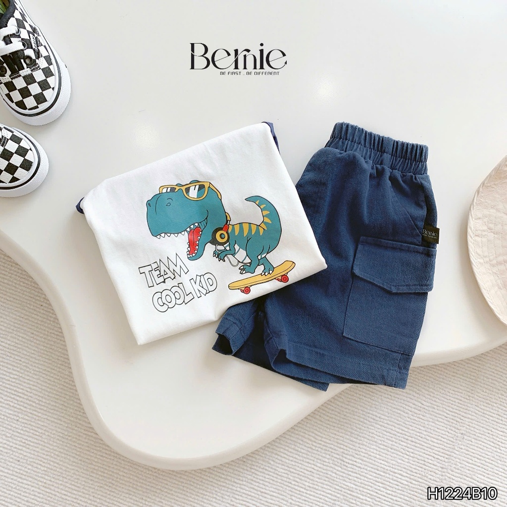 Bộ cotton in khủng long phối tay phối quần denim mềm bé trai, bộ cotton cổ tròn đi chơi cho bé