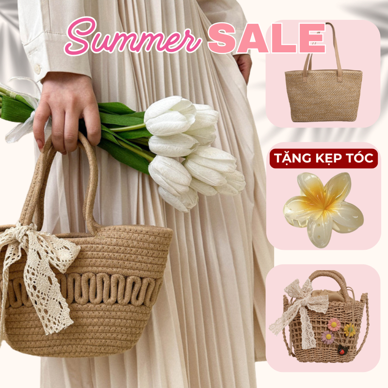 Túi cói dệt thủ công phối dây da, Túi tone nâu be du lịch đi biển mùa hè , phong cách boho vintage Hàn quốc – Mely
