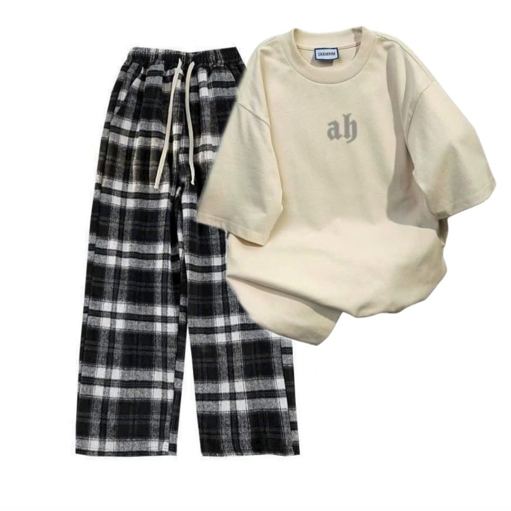Sét Bộ Quần caro Đen+ mix áo phông form rộng -chữ AB tôn dáng siêu xinh