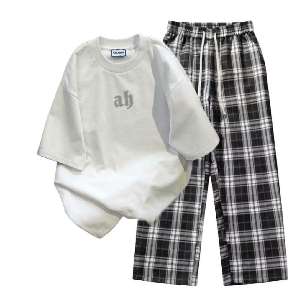 Sét Bộ Quần caro Đen+ mix áo phông form rộng -chữ AB tôn dáng siêu xinh