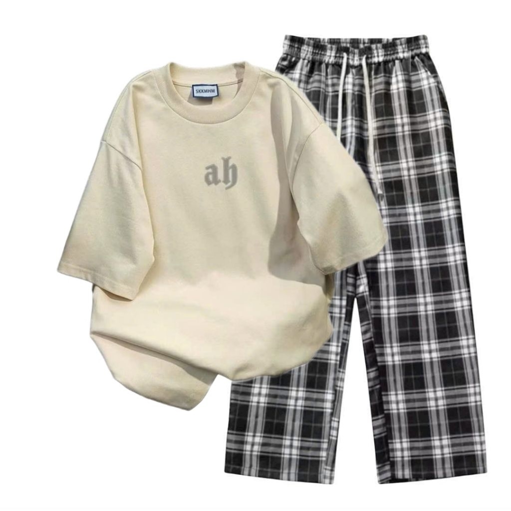 Sét Bộ Quần caro Đen+ mix áo phông form rộng -chữ AB tôn dáng siêu xinh