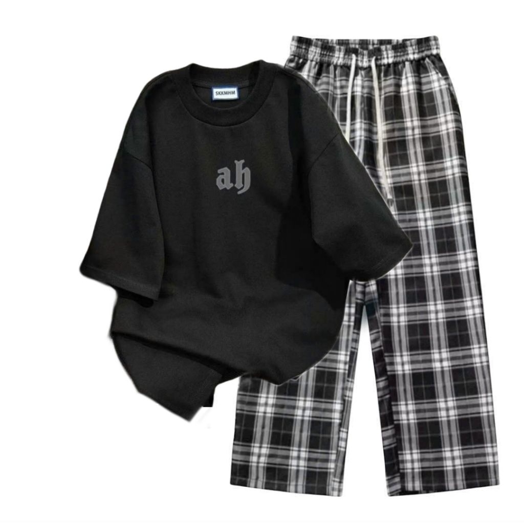 Sét Bộ Quần caro Đen+ mix áo phông form rộng -chữ AB tôn dáng siêu xinh