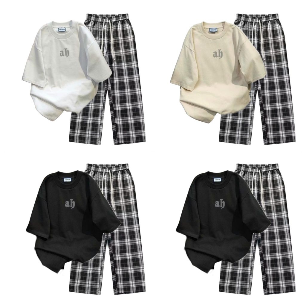 Sét Bộ Quần caro Đen+ mix áo phông form rộng -chữ AB tôn dáng siêu xinh