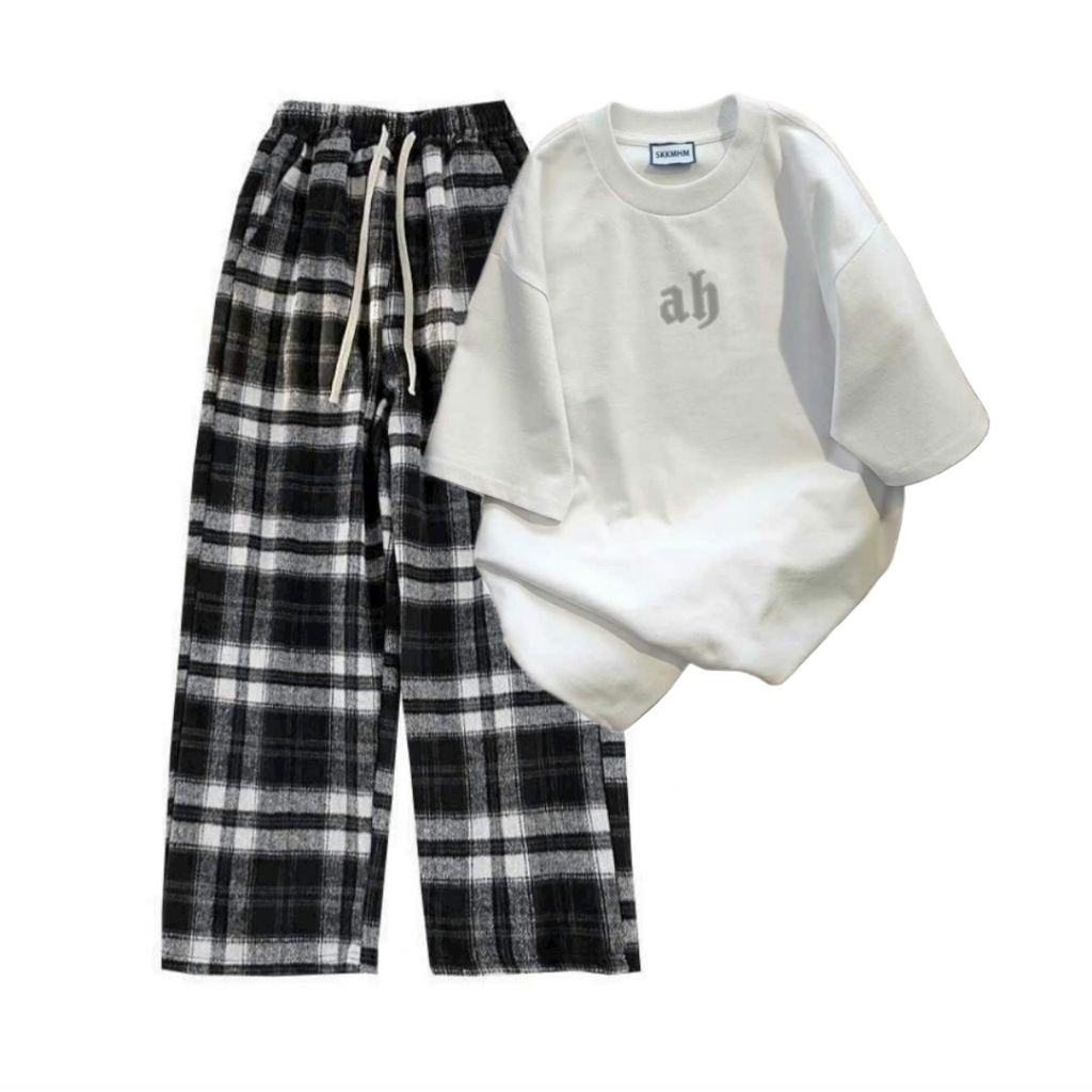Sét Bộ Quần caro Đen+ mix áo phông form rộng -chữ AB tôn dáng siêu xinh