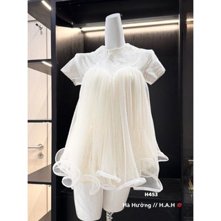 Set áo ren mix tơ trong suốt cổ sơ mi nhún bèo bồng xòe phối quần short xinh xắn cho nàng đi chơi  – BaoTrang.clothes