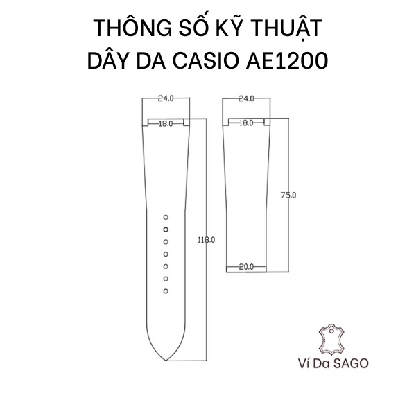 DÂY DA BÒ VÂN EPSOM CHO ĐỒNG HỒ CASIO AE1200, MASERATI- THƯƠNG HIỆU VÍ DA SAGO