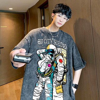 LOCAL BRAND Áo thun Wash Phi Hành Gia Phong Cách Unisex Form Rộng / Áo thun Phông Màu Phong Cách Âu Mỹ
