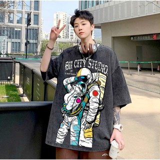 LOCAL BRAND Áo thun Wash Phi Hành Gia Phong Cách Unisex Form Rộng / Áo thun Phông Màu Phong Cách Âu Mỹ