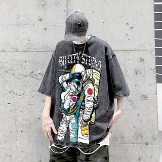 LOCAL BRAND Áo thun Wash Phi Hành Gia Phong Cách Unisex Form Rộng / Áo thun Phông Màu Phong Cách Âu Mỹ