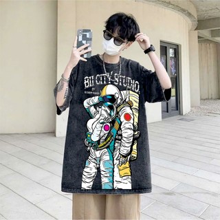 LOCAL BRAND Áo thun Wash Phi Hành Gia Phong Cách Unisex Form Rộng / Áo thun Phông Màu Phong Cách Âu Mỹ
