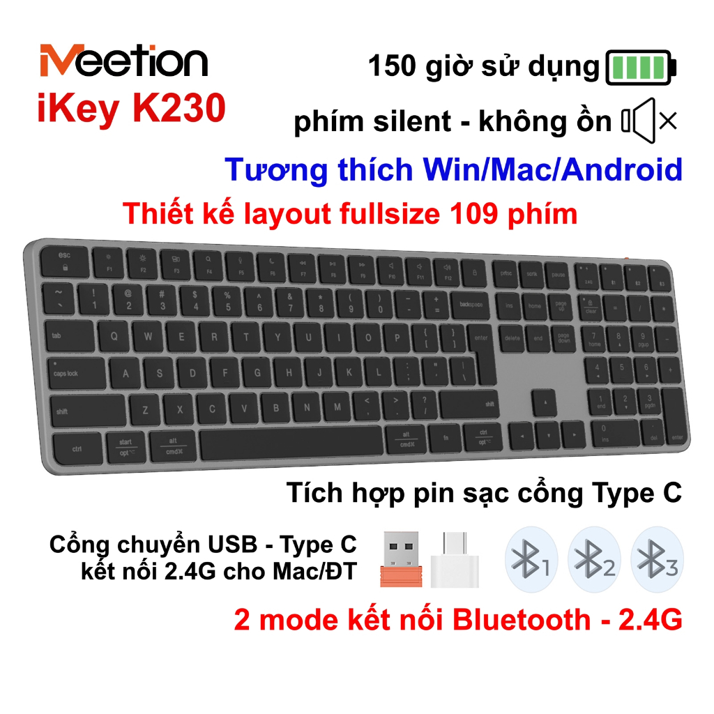 Bàn phím không dây Meetion iKey K230 dual mode Bluetooth/2.4G full phím ...