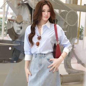 Áo sơ mi nữ GILLEE dáng classic phối cổ và tay áo màu trắng vải kate Mỹ công sở cao cấp thoáng khí FAS369