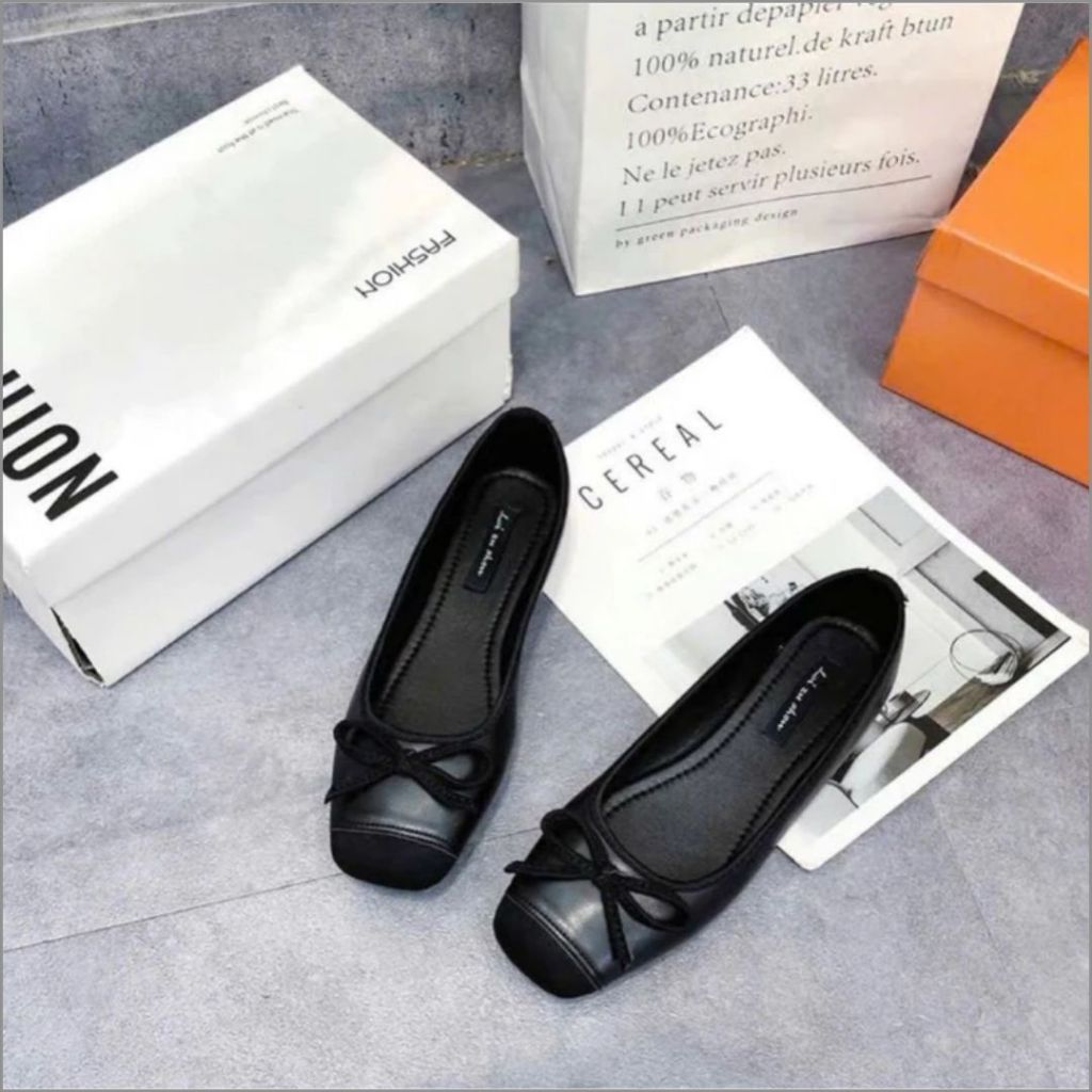 Giày Búp Bê Nữ, Giày Nữ Búp Bê Nơ Vá Mũi Dễ Thương Tiểu Thư Màu Đen N07 || AnshoesDynasty