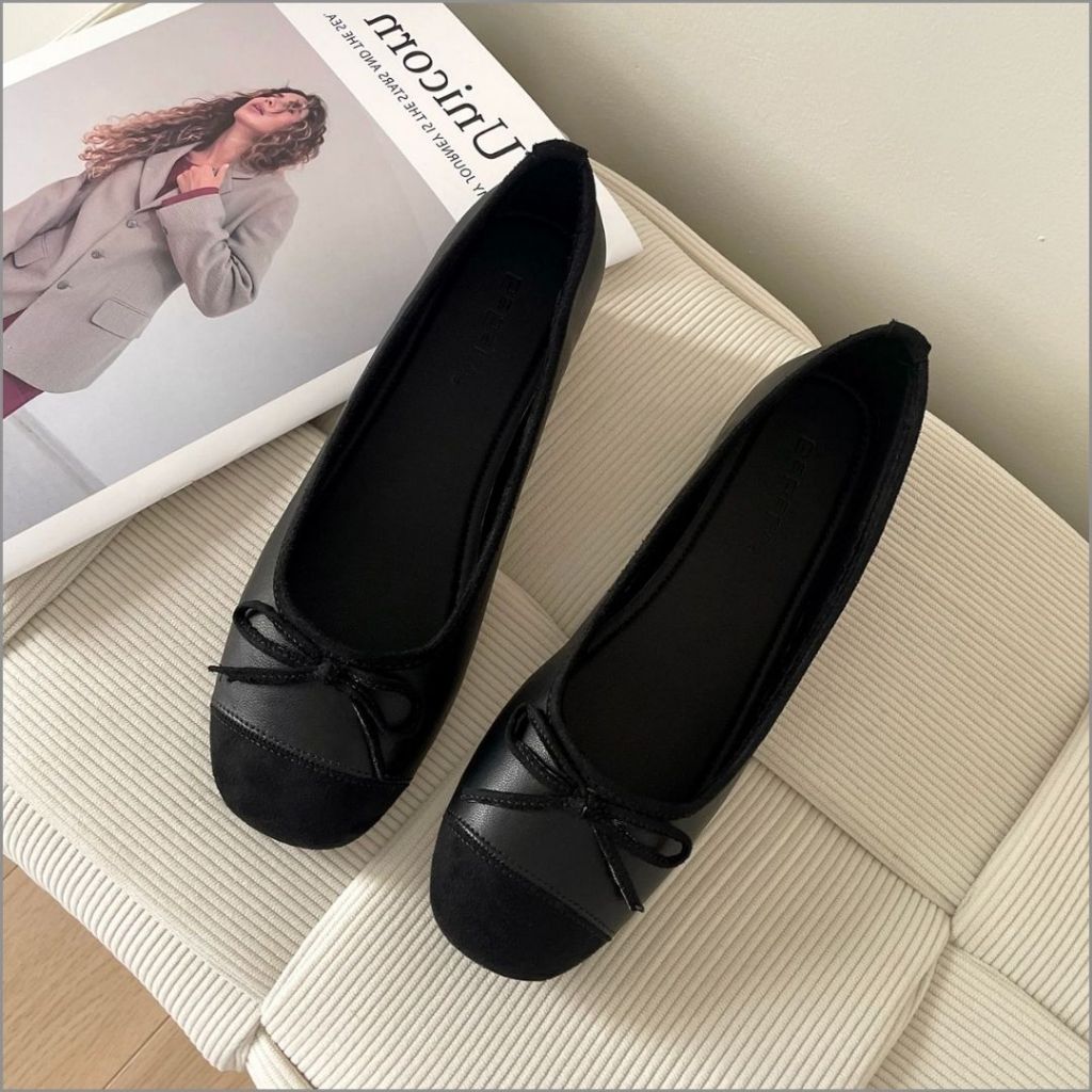 Giày Búp Bê Nữ, Giày Nữ Búp Bê Nơ Vá Mũi Dễ Thương Tiểu Thư Màu Đen N07 || AnshoesDynasty