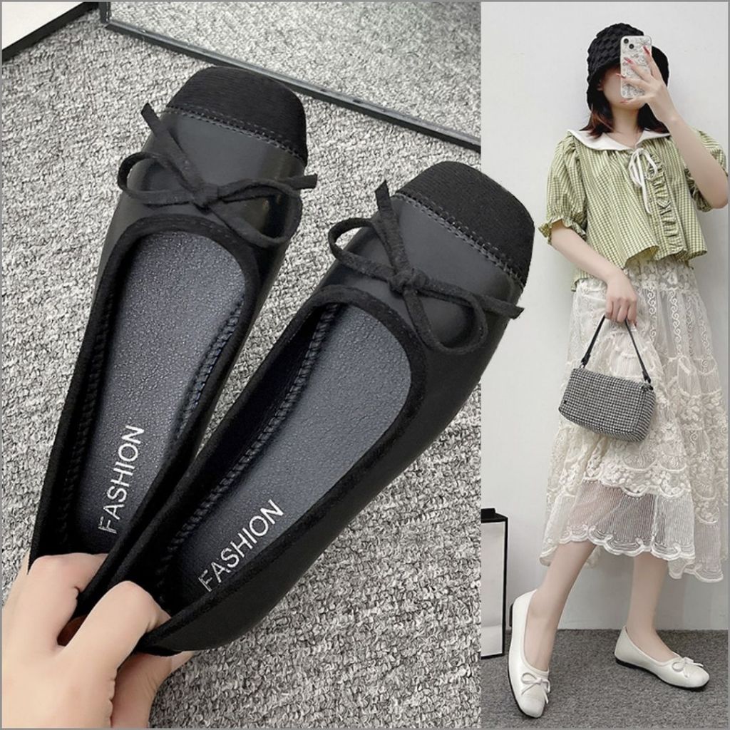 Giày Búp Bê Nữ, Giày Nữ Búp Bê Nơ Vá Mũi Dễ Thương Tiểu Thư Màu Đen N07 || AnshoesDynasty