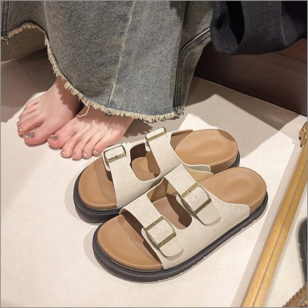 Dép Lê Nữ, Dép Nữ Da Lộn 2 Quai Khóa Cài Đế Cao Su Bền Đẹp Màu Kem N15 || AnshoesDynasty