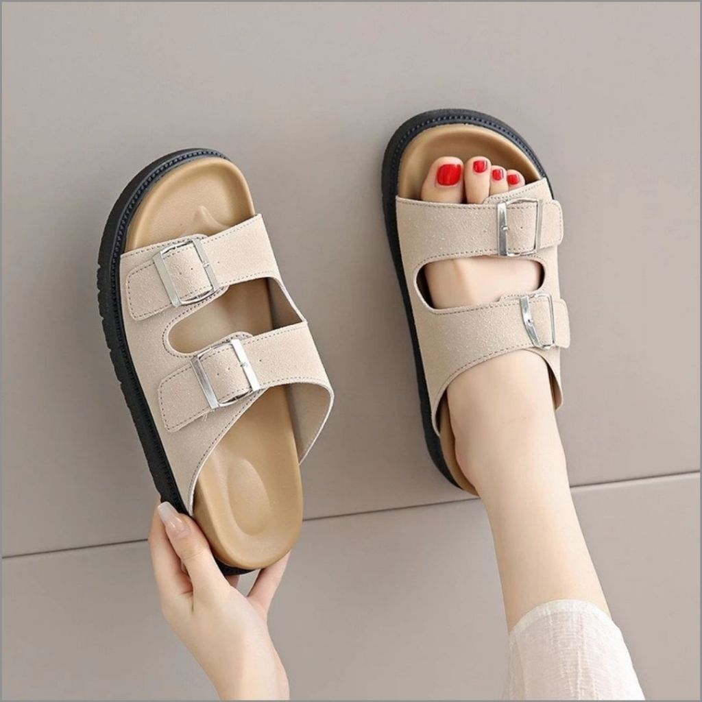 Dép Lê Nữ, Dép Nữ Da Lộn 2 Quai Khóa Cài Đế Cao Su Bền Đẹp Màu Kem N15 || AnshoesDynasty