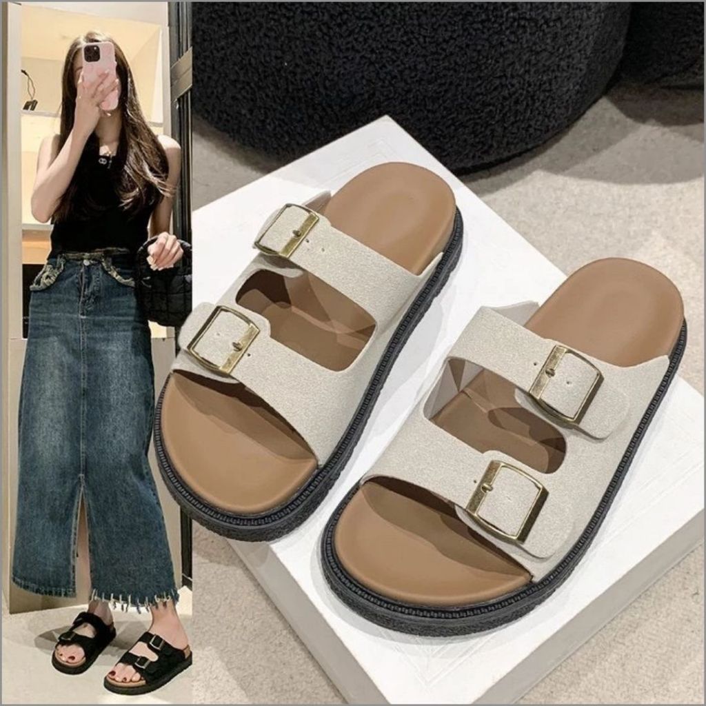 Dép Lê Nữ, Dép Nữ Da Lộn 2 Quai Khóa Cài Đế Cao Su Bền Đẹp Màu Kem N15 || AnshoesDynasty