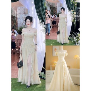 Đầm thời trang nữ đi tiệc sang trọng chất Voan áo trể vai có mút váy dài maxi dáng xẻ tà đính bông