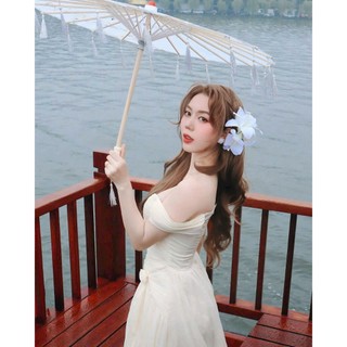 Đầm thời trang nữ đi tiệc sang trọng chất Voan áo trể vai có mút váy dài maxi dáng xẻ tà đính bông