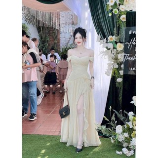 Đầm thời trang nữ đi tiệc sang trọng chất Voan áo trể vai có mút váy dài maxi dáng xẻ tà đính bông