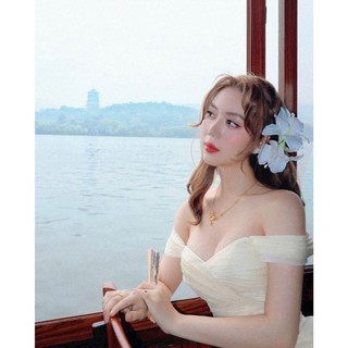 Đầm thời trang nữ đi tiệc sang trọng chất Voan áo trể vai có mút váy dài maxi dáng xẻ tà đính bông