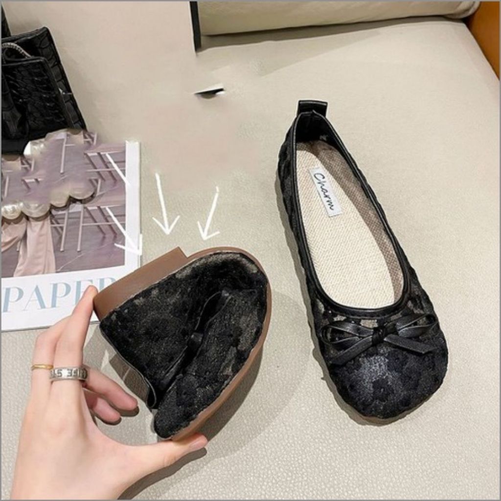 Giày Búp Bê Nữ, Giày Nữ Búp Bê Thêu Hoa Cúc Có Gắn Nơ Nhẹ Êm Style Tiểu Thư Màu Đen N37 || AnshoesDynasty