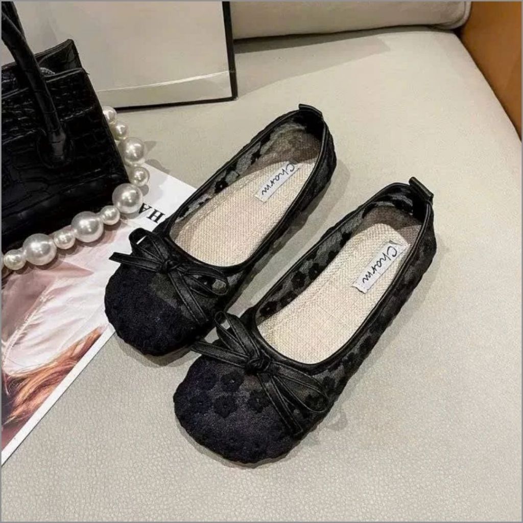 Giày Búp Bê Nữ, Giày Nữ Búp Bê Thêu Hoa Cúc Có Gắn Nơ Nhẹ Êm Style Tiểu Thư Màu Đen N37 || AnshoesDynasty