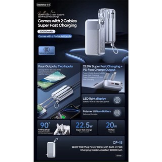 [Có 3C] Cục tích điện REMAX CP-15 20000mAh TypeC PD 22.5W, Kèm 2 cáp sạc, Chân cắm 220V US