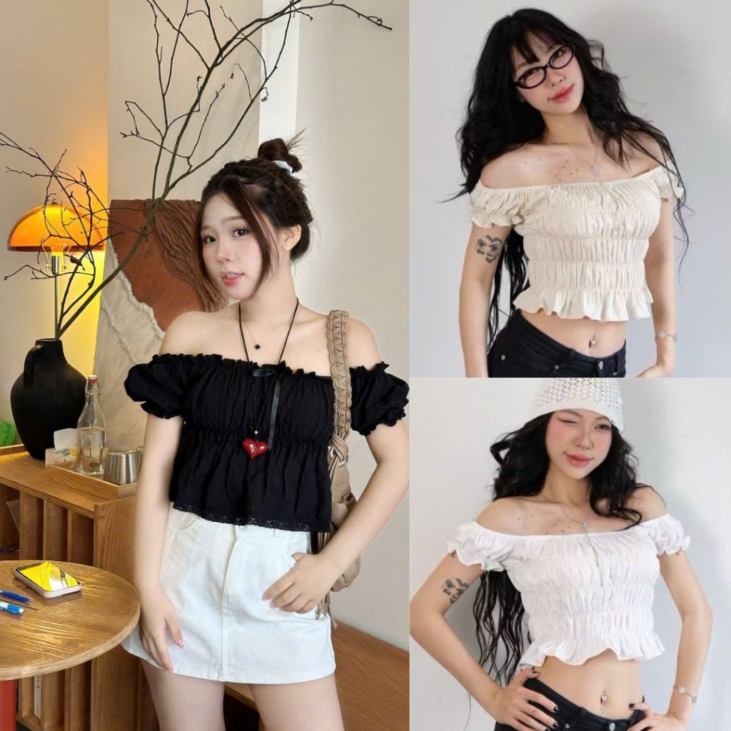 ÁO Trễ Vai Nhún Bèo Ôm Body Fom Crotop Co Giãn Chất Gió Nhăn Joolate 333 P0K17