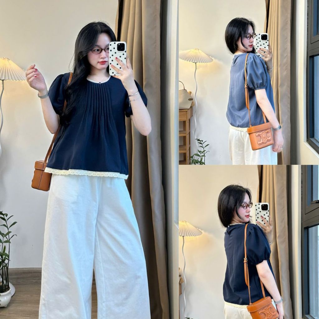Áo sơ mi kiểu cổ tròn Joolate Áo babydoll xếp li ngực phối cổ ren chất mềm mát Bbdcoren3024_P13k16