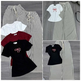 SÉT BỘ QUẦN ĐŨI VẰN+ MIX ÁO PHÔNG CROPTOP TĂM NGẮN-IN NƠ AN PHA -