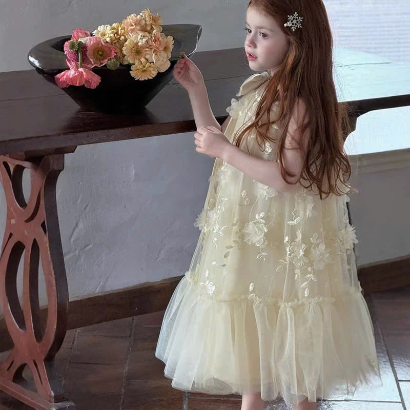 Đầm yếm ren thêu hoa nổi bé gái , đầm sinh nhật dự tiệc bé gái size đại , đầm đôi mẹ bé gái