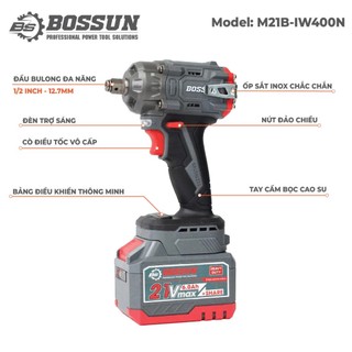 Máy siết bulong pin BOSSUN IW400N Màu XÁM, Lực siết: 400Nm, 2 PIN 15CELL, Đầu Bulong 2 in 1