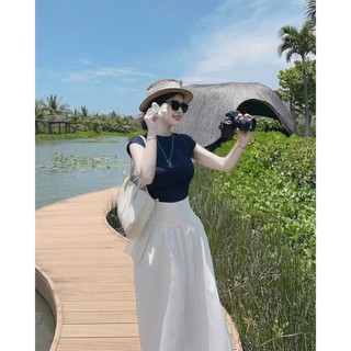 Set váy thời trang nữ thiết kế đi nghỉ mát áo chất Thun gân cổ tròn tay ngắn hở lưng phối váy Đũi vân mây maxi dáng xòe