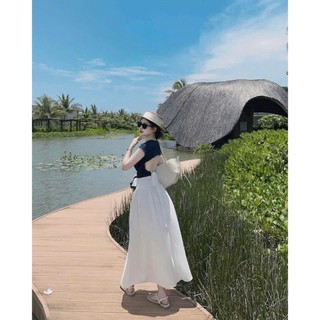 Set váy thời trang nữ thiết kế đi nghỉ mát áo chất Thun gân cổ tròn tay ngắn hở lưng phối váy Đũi vân mây maxi dáng xòe