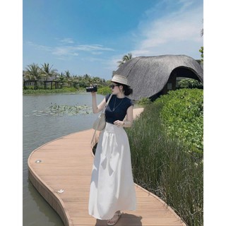 Set váy thời trang nữ thiết kế đi nghỉ mát áo chất Thun gân cổ tròn tay ngắn hở lưng phối váy Đũi vân mây maxi dáng xòe