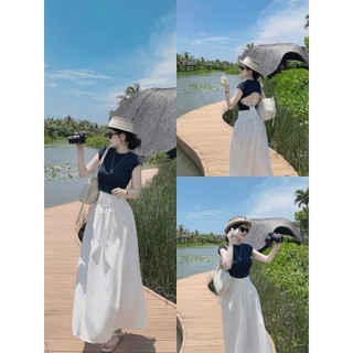 Set váy thời trang nữ thiết kế đi nghỉ mát áo chất Thun gân cổ tròn tay ngắn hở lưng phối váy Đũi vân mây maxi dáng xòe