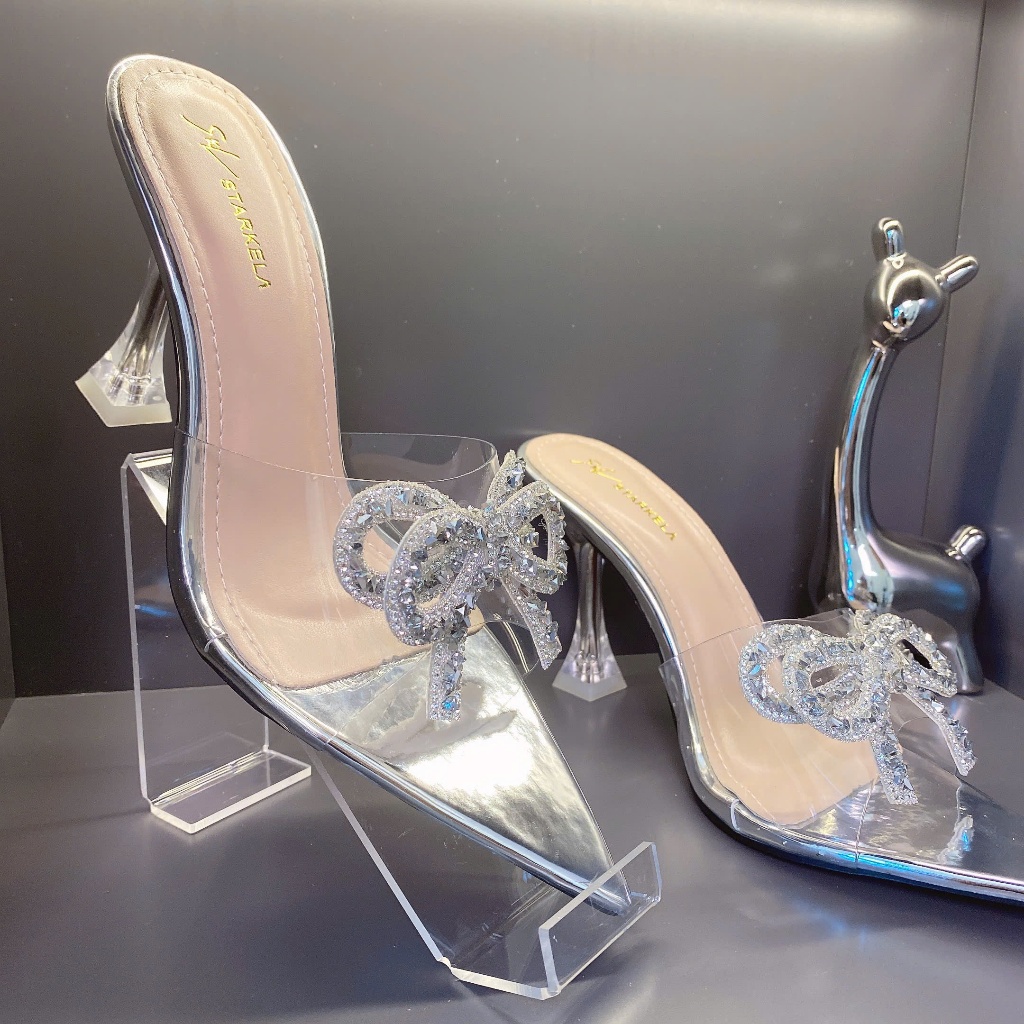 Guốc Mũi Nhọn Đính Nơ Đá 2 Tầng Bling Bling, Giày Cao Gót Nơ Đá Gót Ly 7p, 9p - Cin Shoes