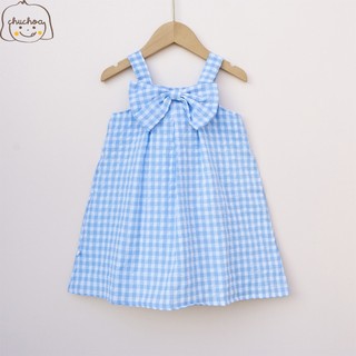 Váy bé gái, đầm bé gái 2 dây kẻ Caro có nơ dễ thương dáng suông thoáng mát ChuChoaKids [VBC1]