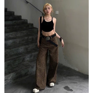 Quần jean xuông lưng cao họa tiết báo hot hit 2025, quần bò ống rộng da báo đơn giản dễ phối đồ (HC69)
