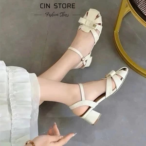Dép Quai Sandal Sục Rọ Có Hậu Nơ Min Đế Vuông 3p 5p Da Bóng Cao Cấp - Cin Shoes