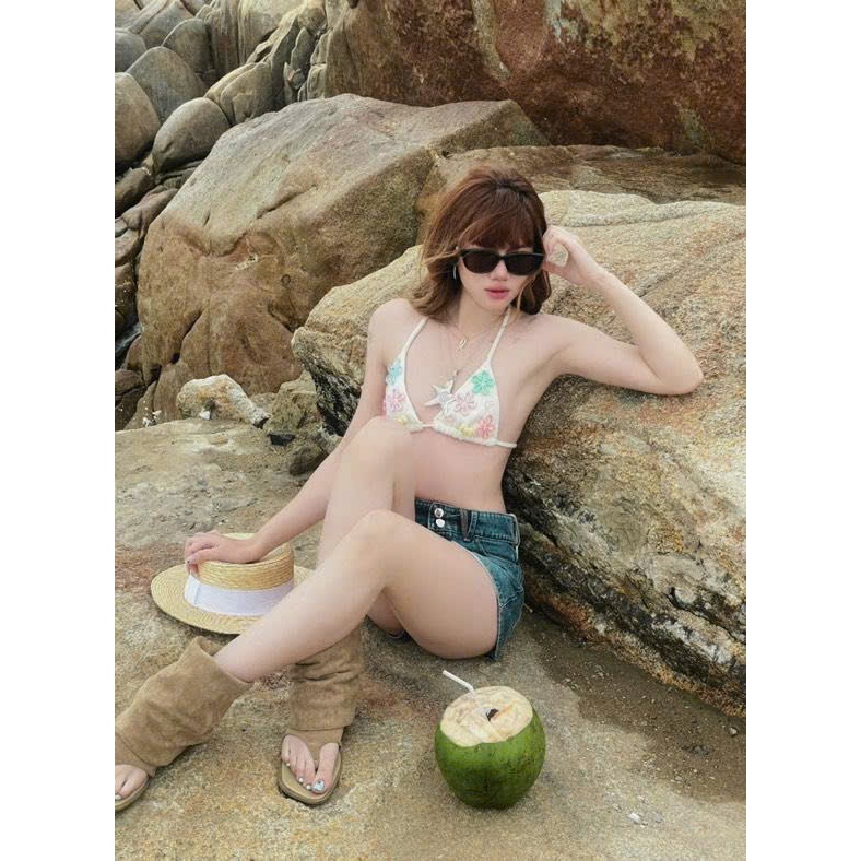 [HỎA TỐC HÀ NỘI] 2Soonsumff Bộ bikini 2 mảnh đính buộc dây tí hon đính hoa DIY sexy đi biển mùa hè cho nữ