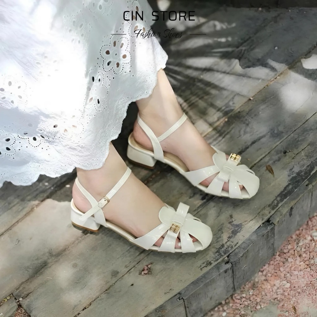 [R1]Dép Quai Sandal Sục Rọ Có Hậu Nơ Min Đế Vuông 3p 5p Da Bóng Cao Cấp - Cin Shoes