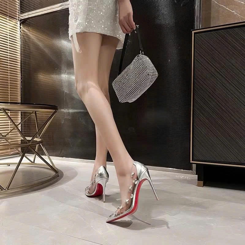 Giày Cao Gót Trong Suốt Đính Đá Charm, Giày Bít Mũi Bít Gót Gót Nhọn 9p Sang Trọng, Tôn Dáng - Cin Shoes