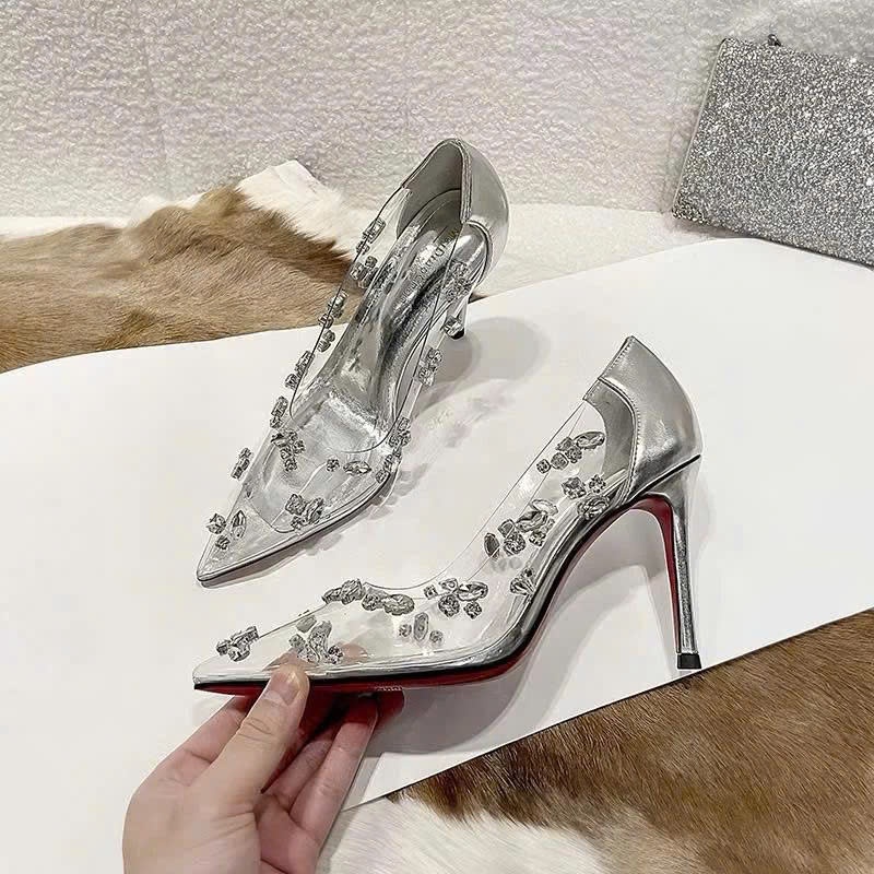 Giày Cao Gót Trong Suốt Đính Đá Charm, Giày Bít Mũi Bít Gót Gót Nhọn 9p Sang Trọng, Tôn Dáng - Cin Shoes