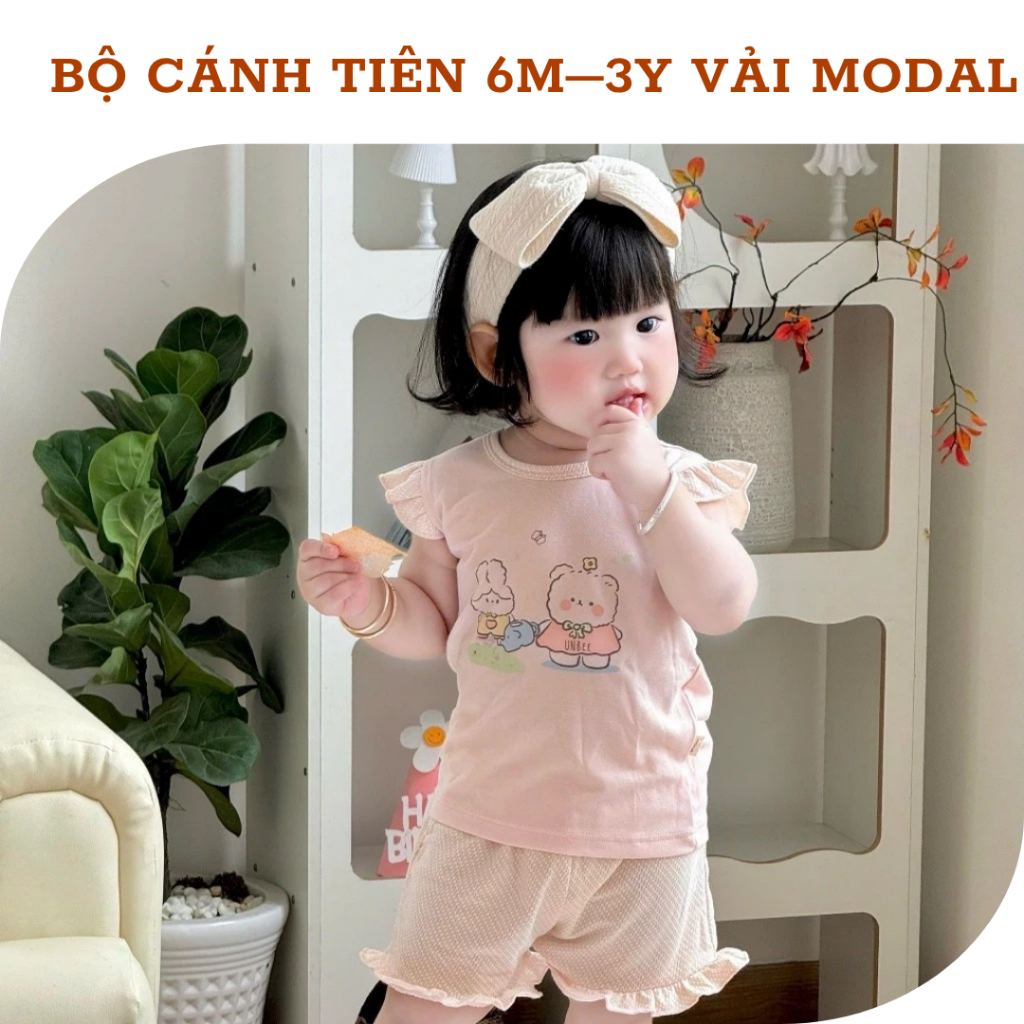 Bộ sát nách bé gái phối bèo UNBEE chất modal dệt nổi mềm mịn thoáng mát size 6M-3Y